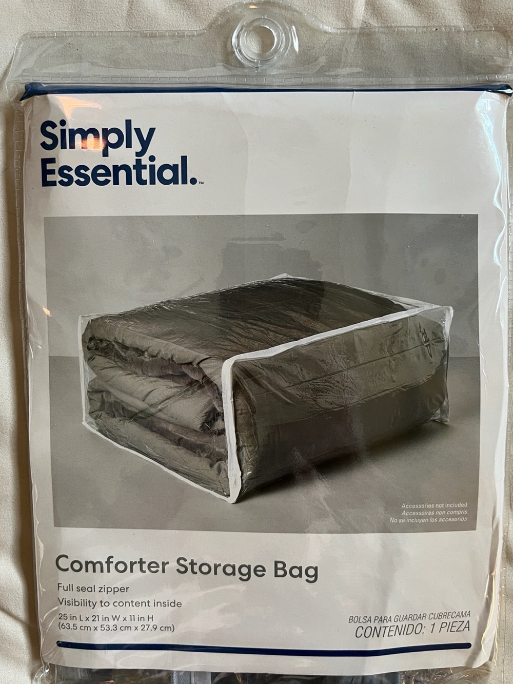 Simply Essential. Comforter Storage Bag. Full seal, zipper visibility to content